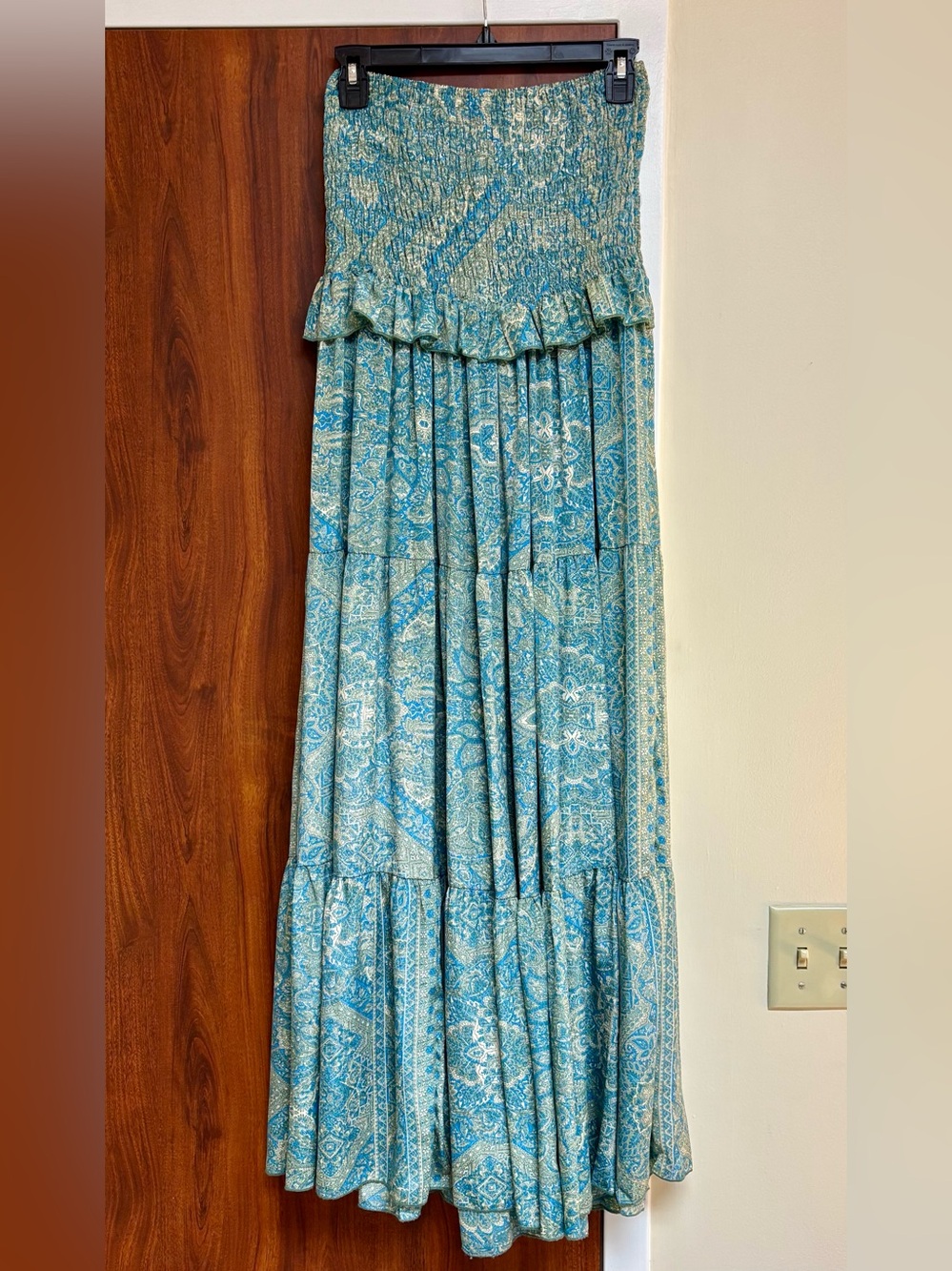 Perry Walker Collective Blue Floral Smocked Strapless Silk Maxi Dress size 2
